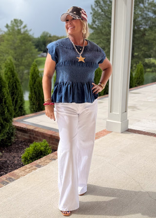 Denim Romance Smocked Ruffle Top