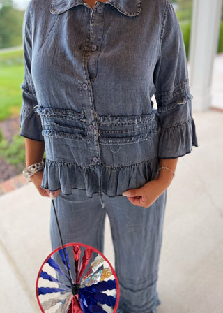 Ruffled Chambray Button-Up