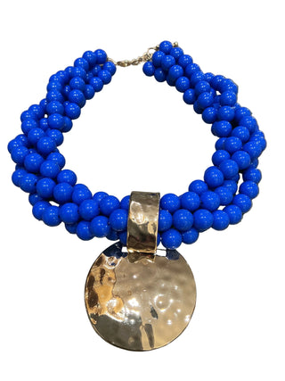 Multi Strand Beaded Necklace w/Hammered Disc Pendant