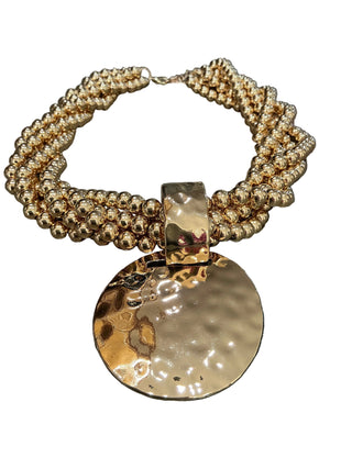Multi Strand Beaded Necklace w/Hammered Disc Pendant