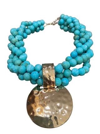 Multi Strand Beaded Necklace w/Hammered Disc Pendant
