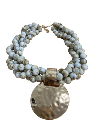 Multi Strand Beaded Necklace w/Hammered Disc Pendant